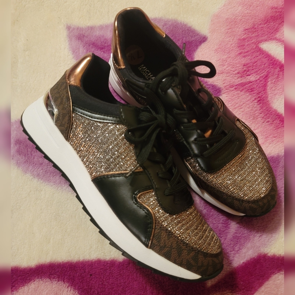 Michael Kors Women's Brown & Black Glitter Sneakers Shoes Size 7.5